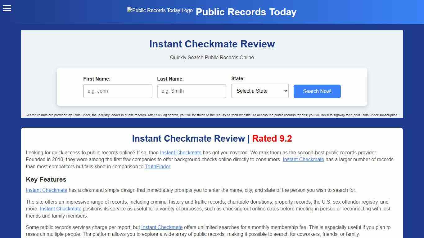 Instant Checkmate Review 2026 - Public Records Today